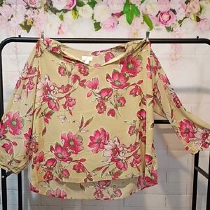 Belle by Kim Gravel Pink and Cream Asymmetrical Crop Blouse